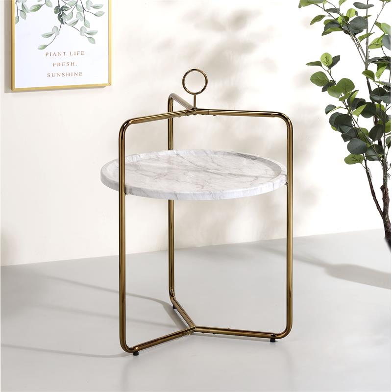 Steve Silver Miro White Faux Marble and Gold Metal Side Table