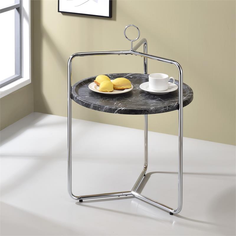 Steve Silver Miro Black Faux Marble and Silver Metal Side Table