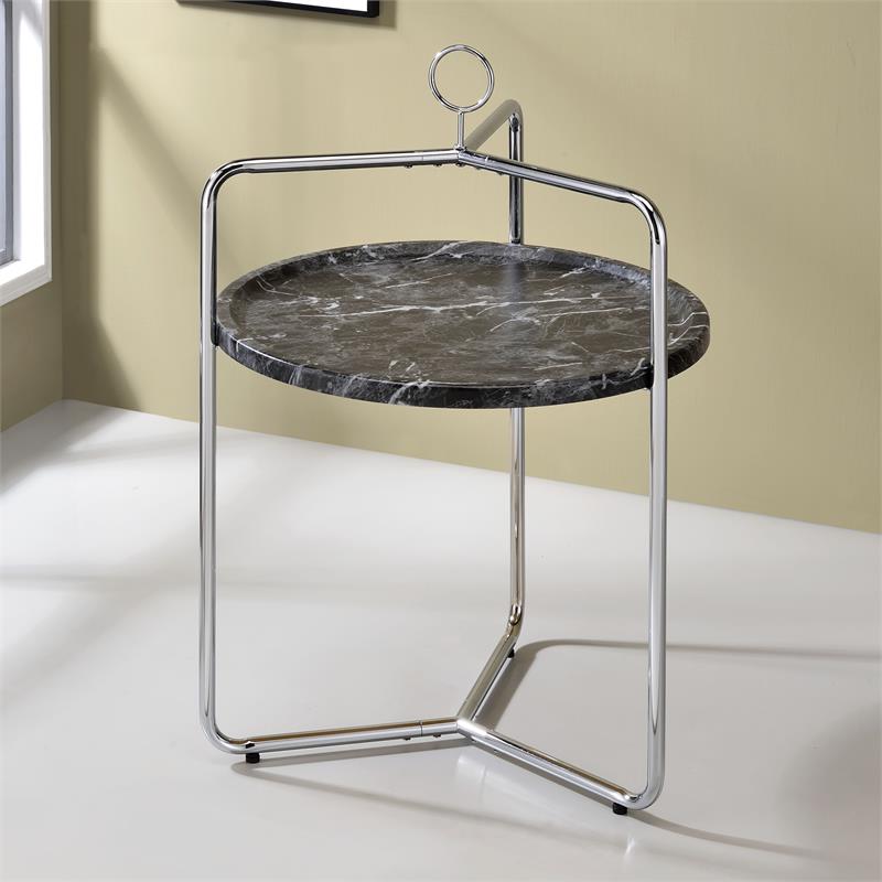 Steve Silver Miro Black Faux Marble and Silver Metal Side Table
