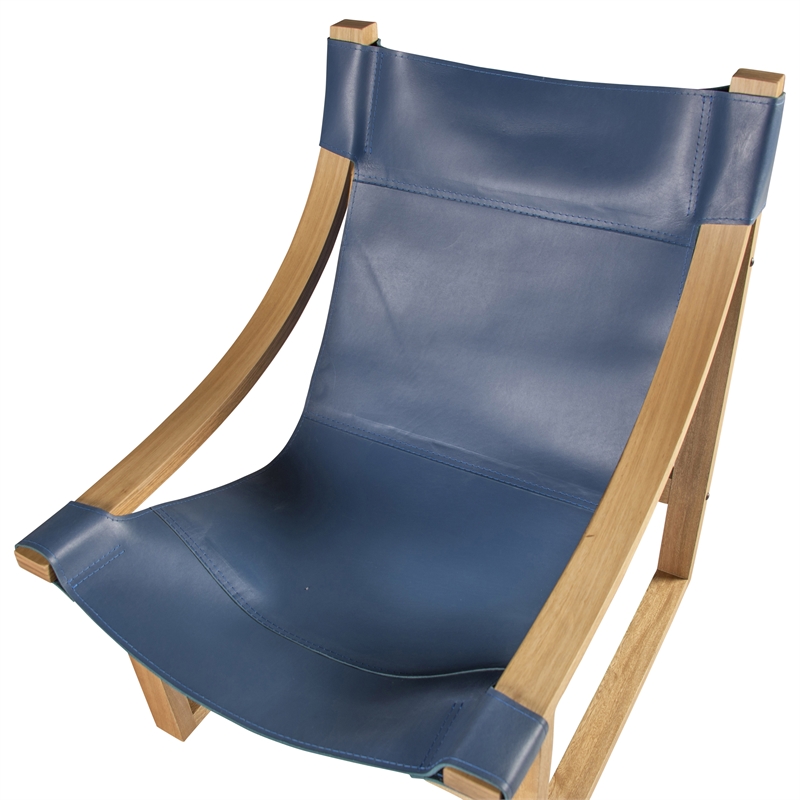Lima Cobalt Blue Top Grain Leather and Solid Wood Sling Chair