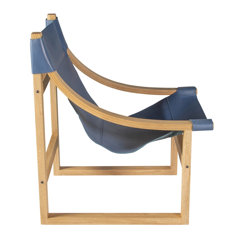 Lima Cobalt Blue Top Grain Leather and Solid Wood Sling Chair