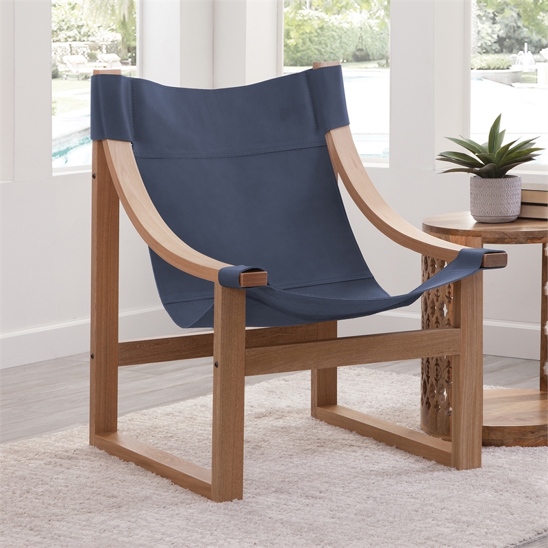 Lima Cobalt Blue Top Grain Leather and Solid Wood Sling Chair