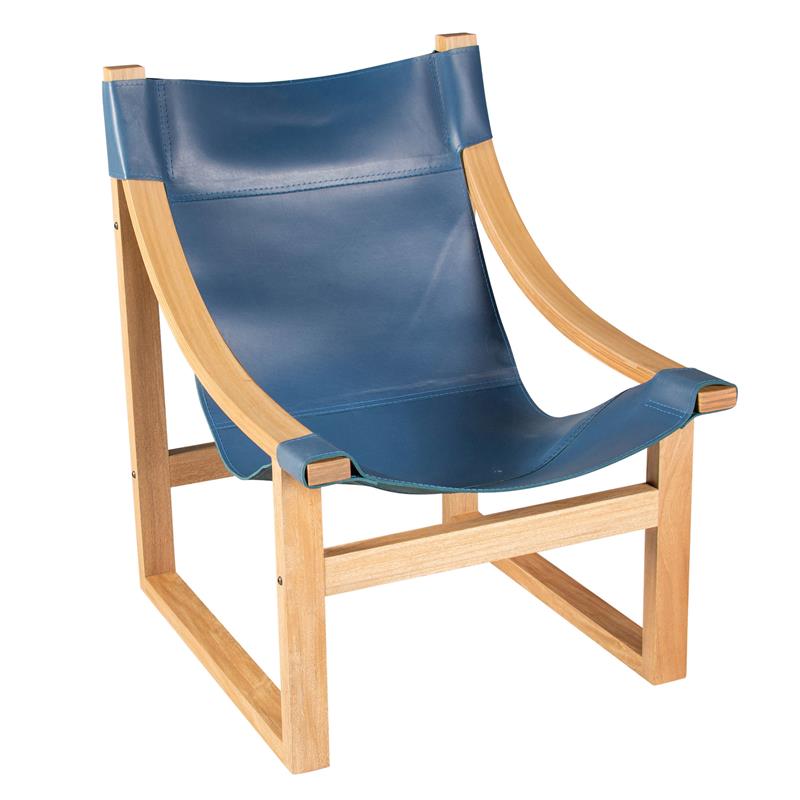 Lima Cobalt Blue Top Grain Leather and Solid Wood Sling Chair