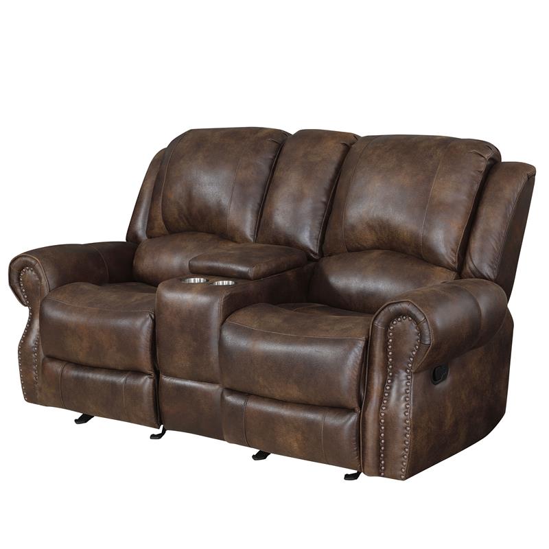 Navarro  Saddle Brown Faux Leather Reclining Console Loveseat