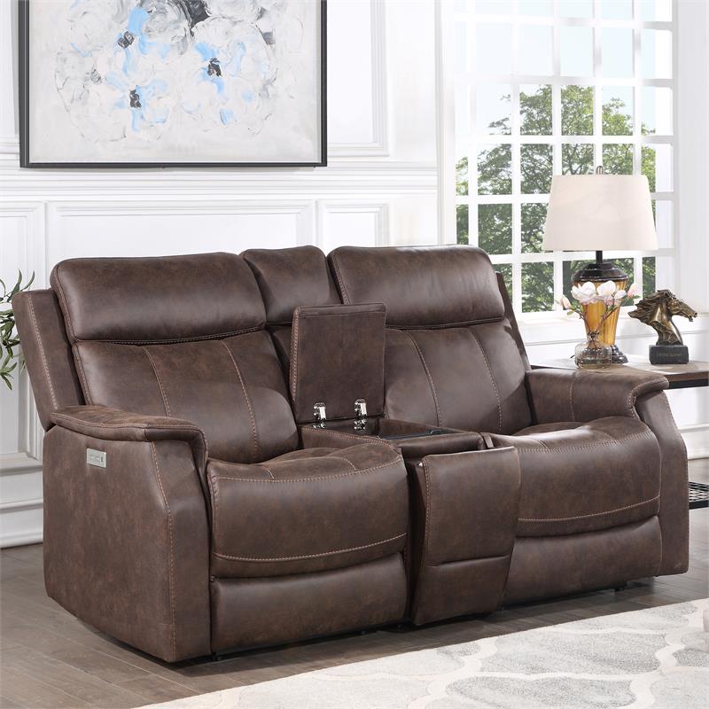 Valencia Walnut Brown Faux Leather Dual Power Reclining Console Loveseat