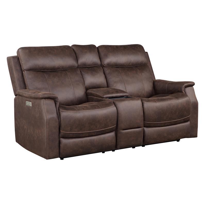 Valencia Walnut Brown Faux Leather Dual Power Reclining Console Loveseat