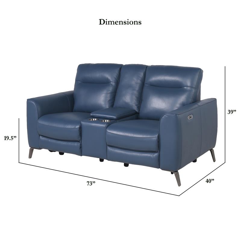 Sansa Ocean Blue Top Grain Leather Power Reclining Console Loveseat