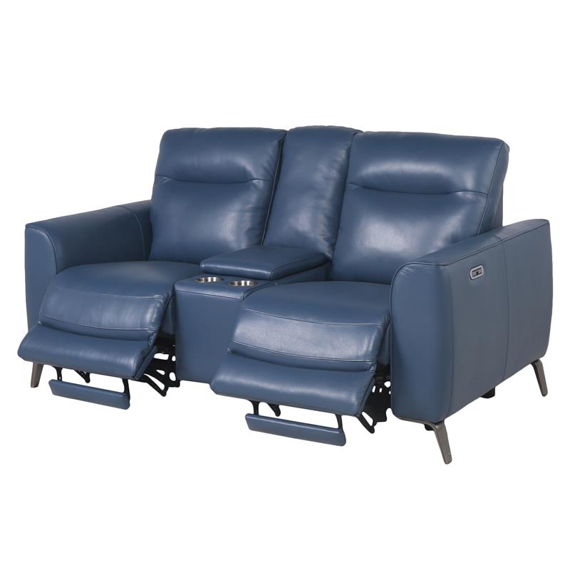 Sansa Ocean Blue Top Grain Leather Power Reclining Console Loveseat