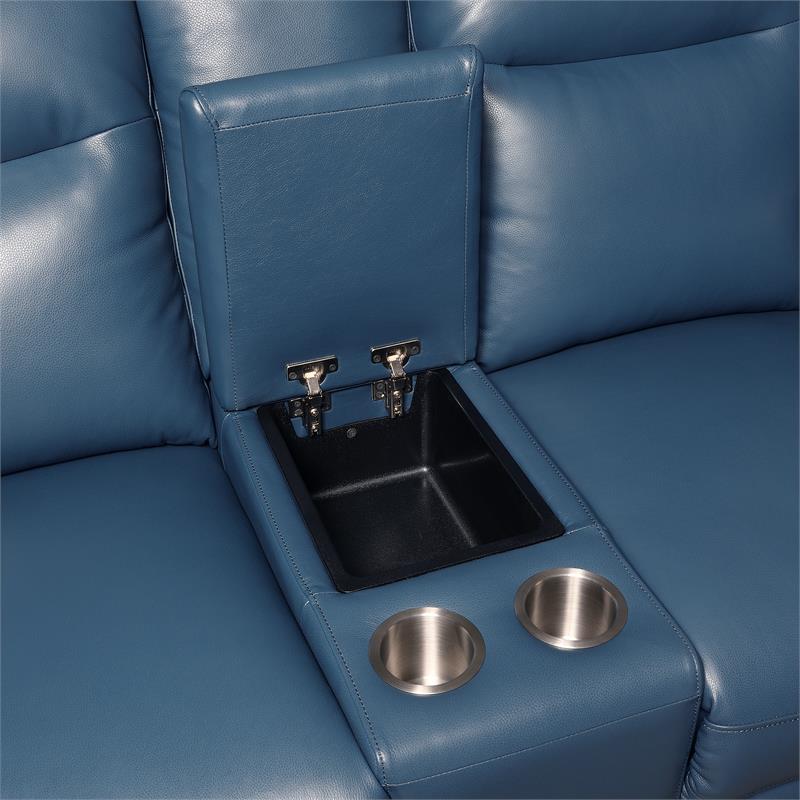 Sansa Ocean Blue Top Grain Leather Power Reclining Console Loveseat