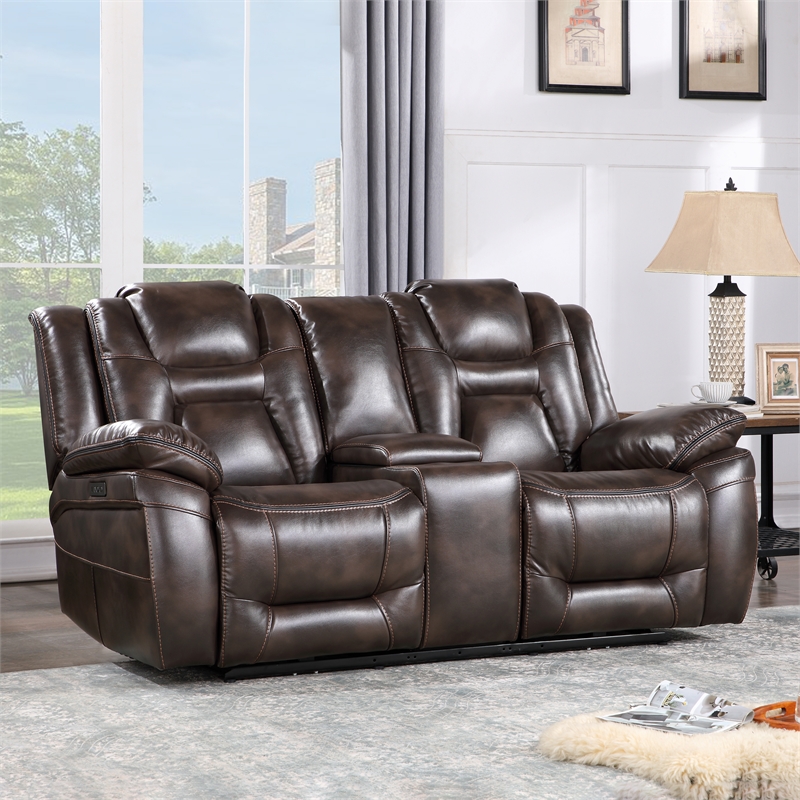 Oportuna Brown Faux Leather Dual Power Console Loveseat