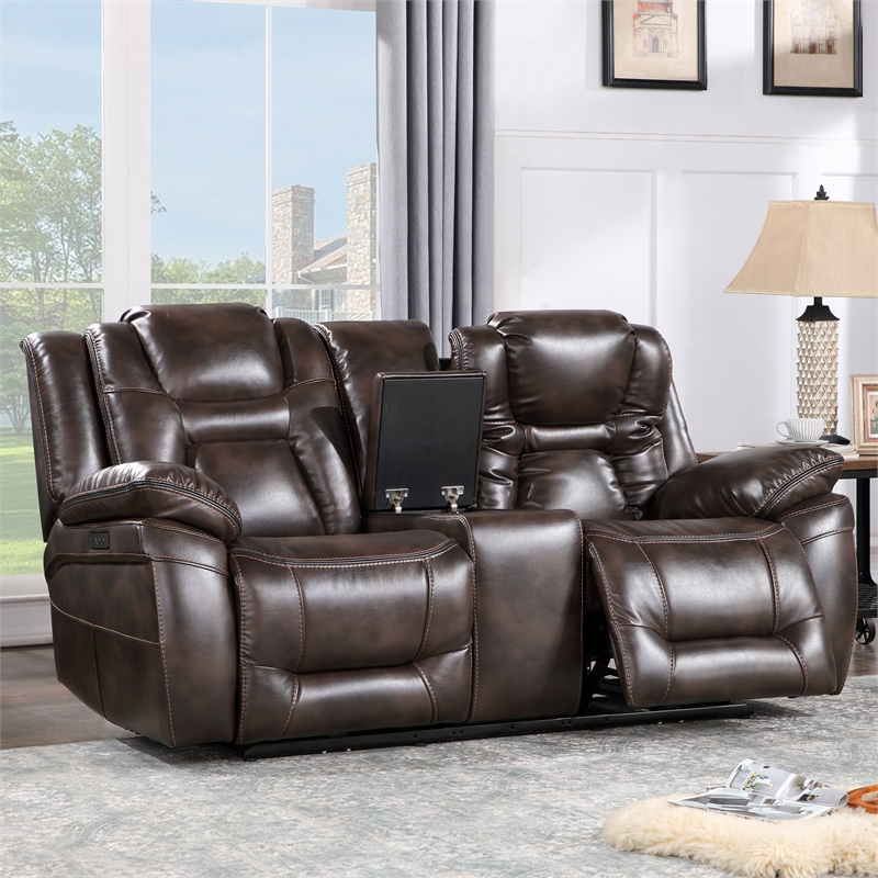 Oportuna Brown Faux Leather Dual Power Console Loveseat