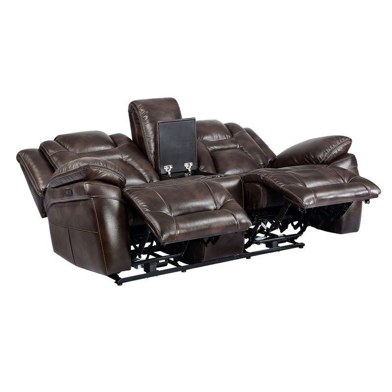 Oportuna Brown Faux Leather Dual Power Console Loveseat