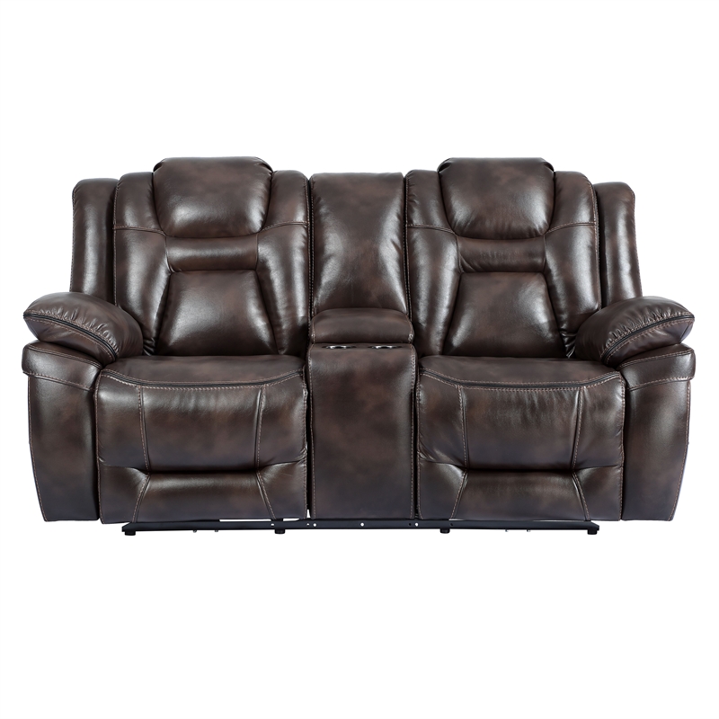 Oportuna Brown Faux Leather Dual Power Console Loveseat