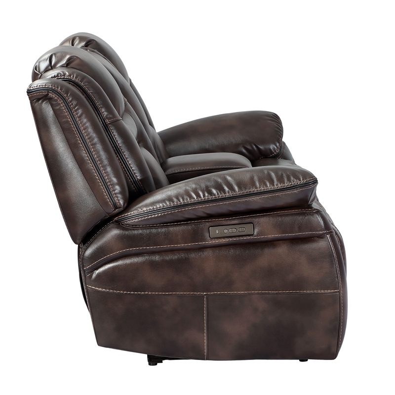Oportuna Brown Faux Leather Dual Power Console Loveseat