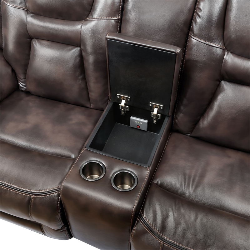 Oportuna Brown Faux Leather Dual Power Console Loveseat