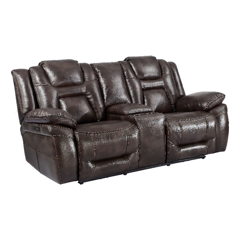 Oportuna Brown Faux Leather Dual Power Console Loveseat