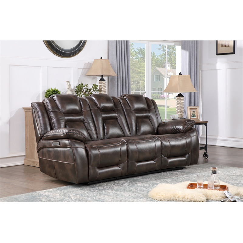 Oportuna Brown Faux Leather Dual Power Sofa with/Drop Down Table