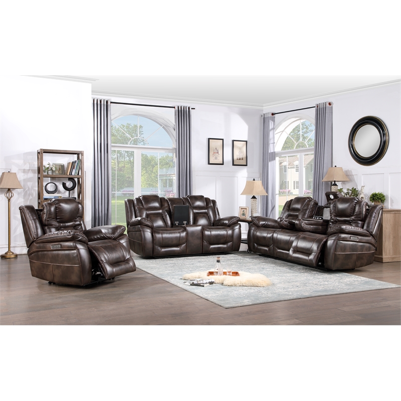 Oportuna Brown Faux Leather Dual Power Sofa with/Drop Down Table