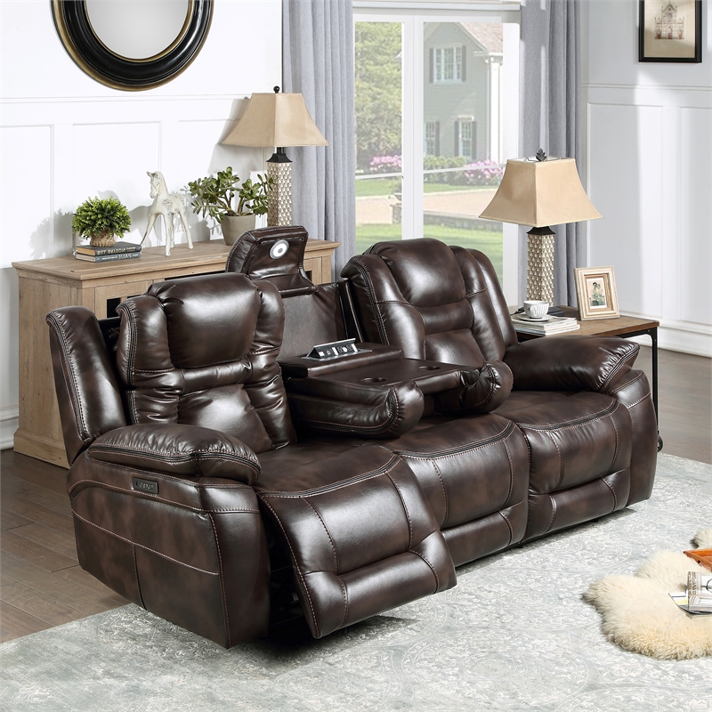Oportuna Brown Faux Leather Dual Power Sofa with/Drop Down Table
