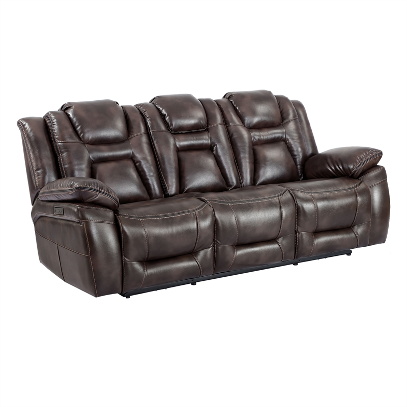 Oportuna Brown Faux Leather Dual Power Sofa with/Drop Down Table