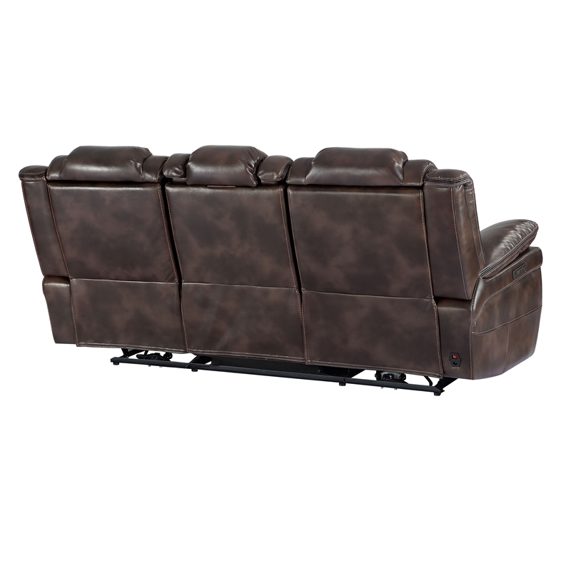 Oportuna Brown Faux Leather Dual Power Sofa with/Drop Down Table