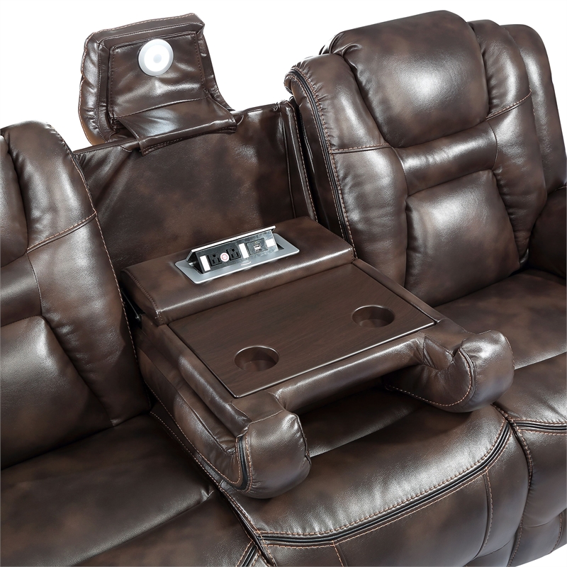 Oportuna Brown Faux Leather Dual Power Sofa with/Drop Down Table