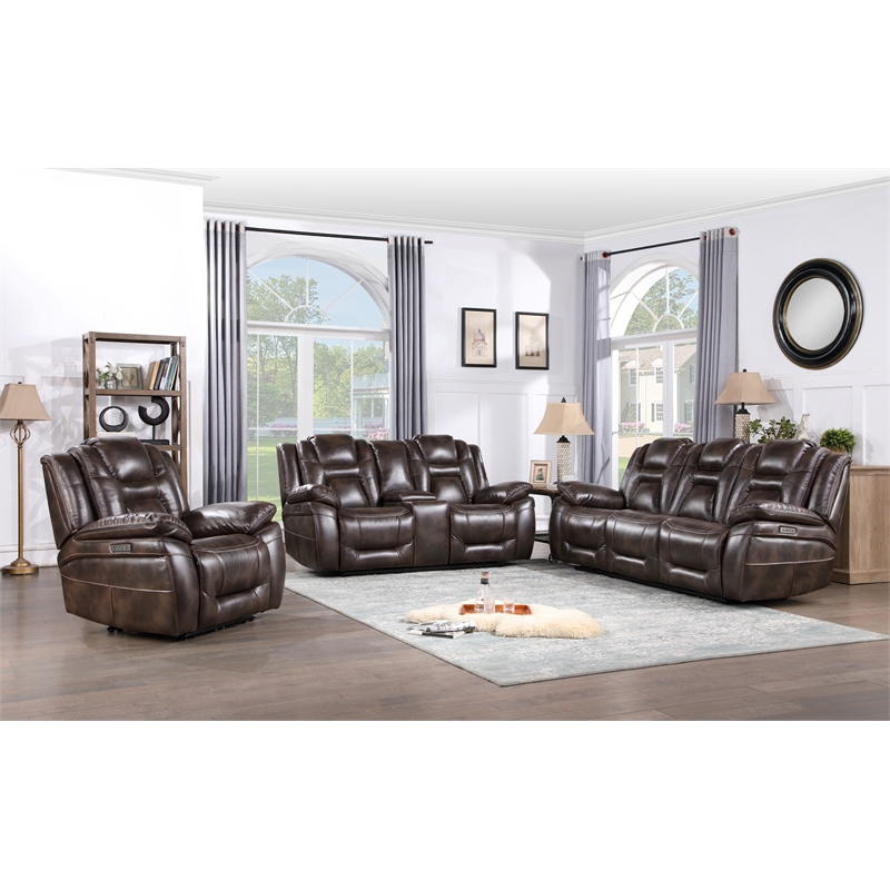 Oportuna Brown Faux Leather Dual Power Sofa with/Drop Down Table