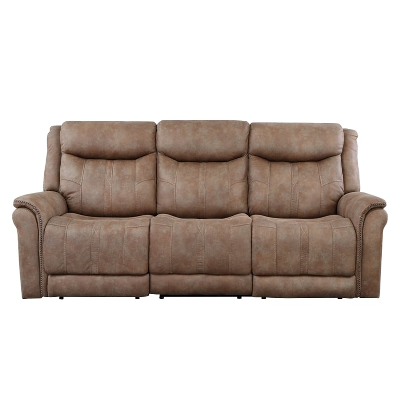 Morrison Camel Brown Polyester Faux Suede Leather Power Reclining Sofa