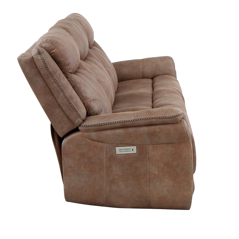 Morrison Camel Brown Polyester Faux Suede Leather Power Reclining Sofa