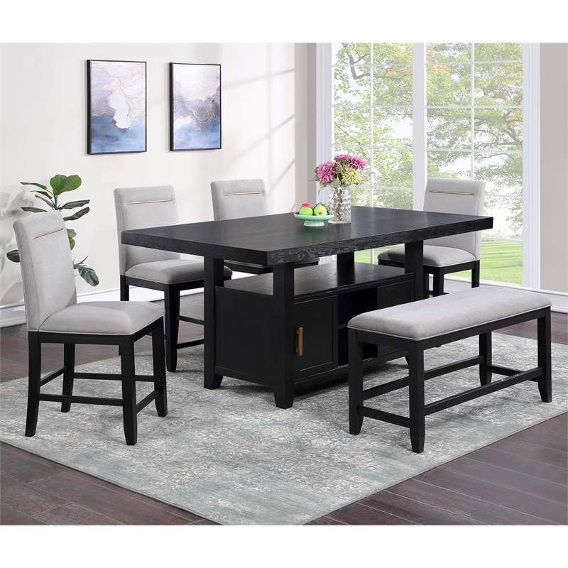 Yves Rubbed Charcoal Wood Counter Height Storage 6-Piece Dining Set