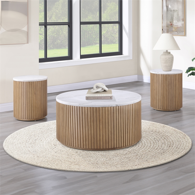 Steve Silver Colvin 3pc Round White Marble Top Coffee & End Table Set in Toffee