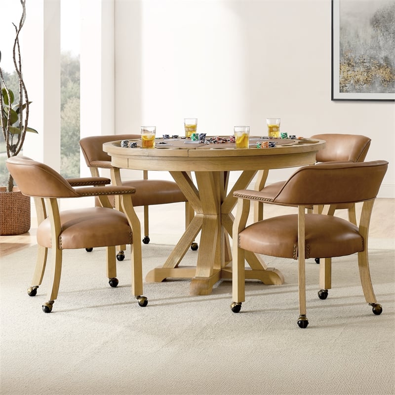 Steve Silver Rylie Dining Table with Game Top & 4 Captains Chairs Natural Finish
