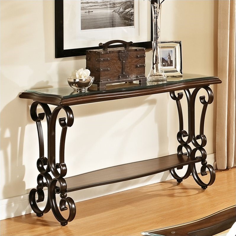 Steve Silver Company Hayward Sofa Table in Cherry with Glass Top