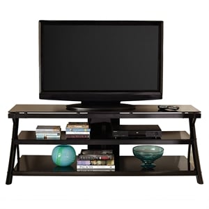 Cyndi TV Console with Black metal legs and smoked glass shelves