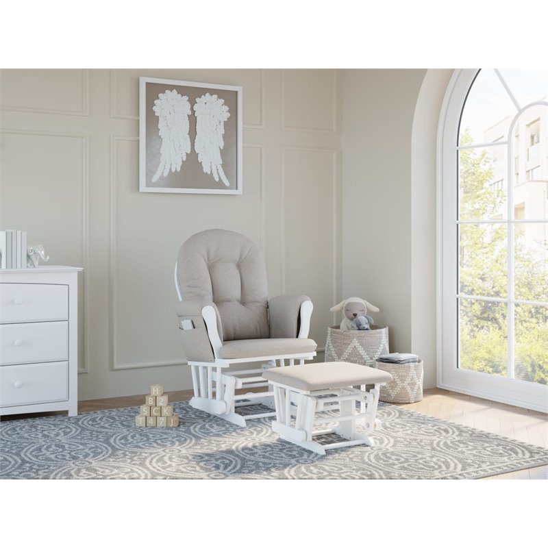 Stork Craft Hoop Custom Glider and Ottoman in White and Taupe Swirl