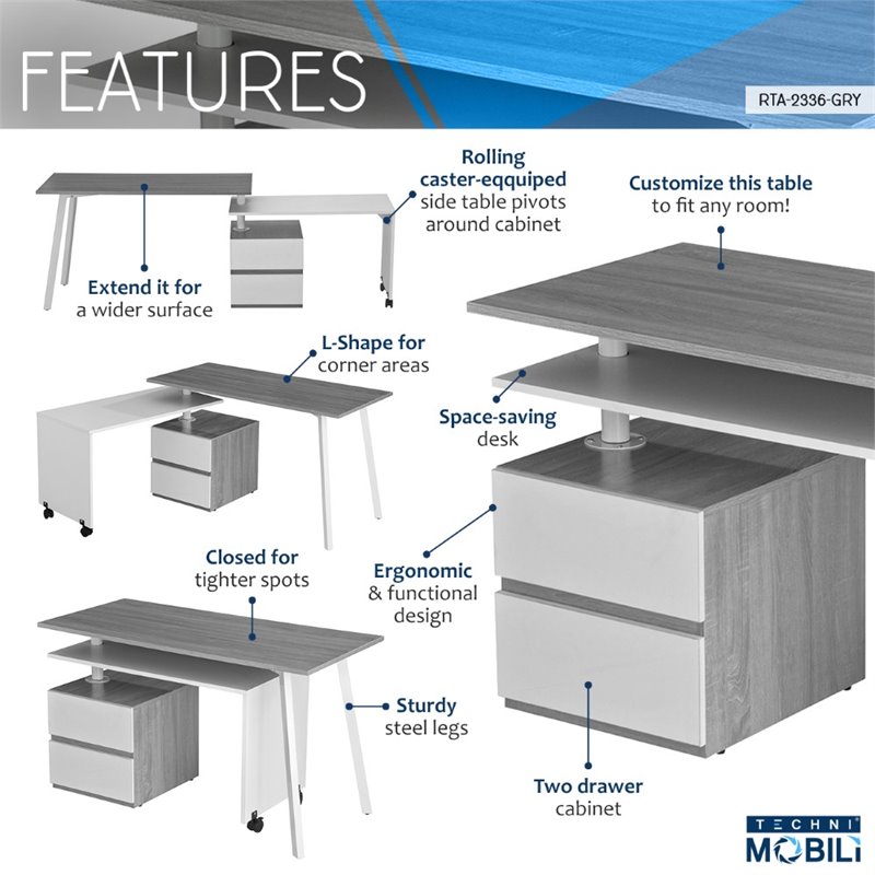 Techni Mobili Rotating Modular Computer Desk in Gray