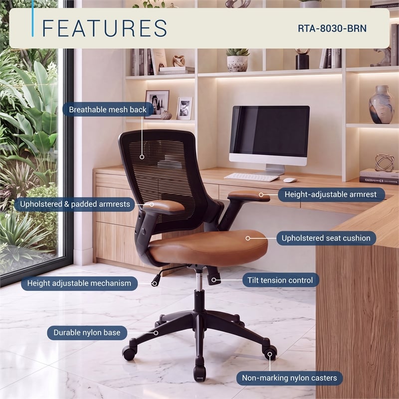 Techni Mobili Mid-Back Mesh Task Office Chair in Brown