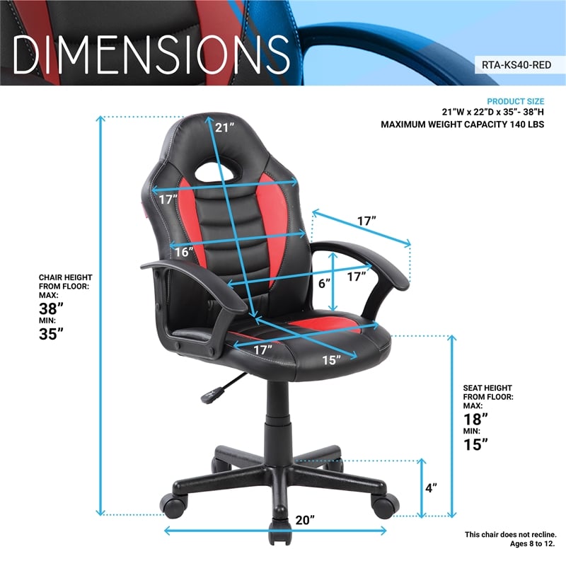 Techni Mobili Faux Leather Kids Gaming and Student Racer Chair in Red/Black