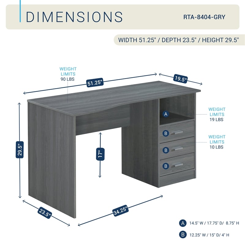 Techni Mobili Classic Writing Desk in Gray