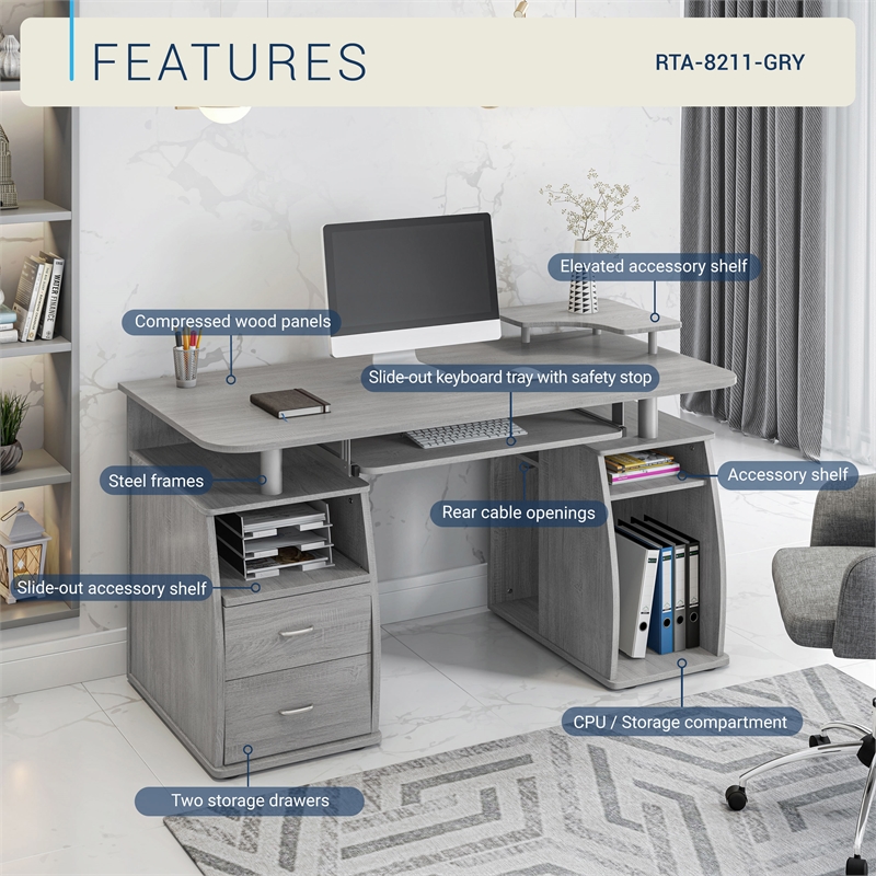 Techni Mobili Engineered Wood 2-Drawers Computer Desk with Keyboard Tray in Gray