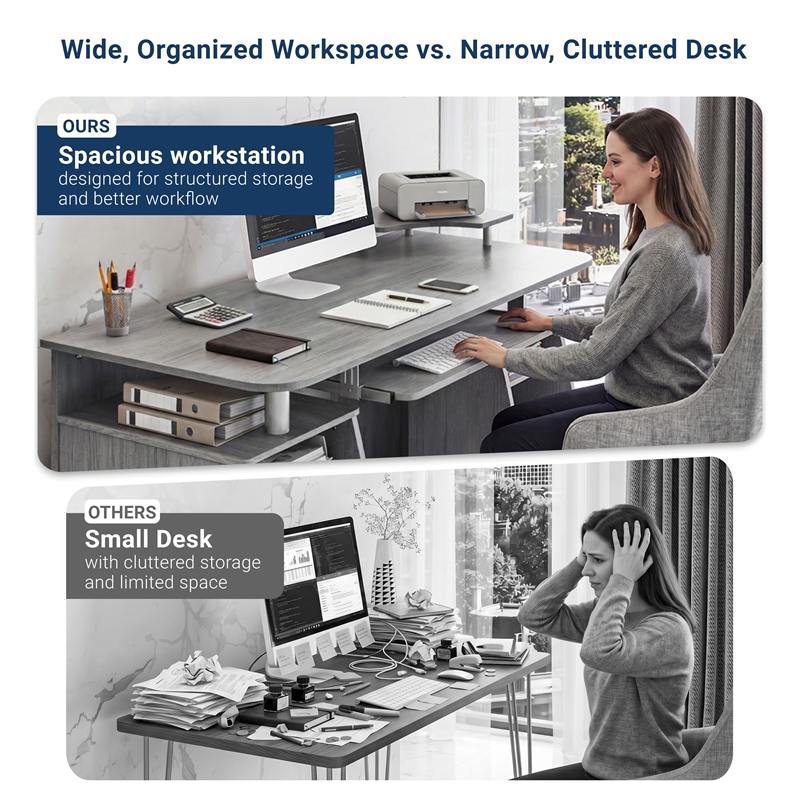 Techni Mobili Engineered Wood 2-Drawers Computer Desk with Keyboard Tray in Gray