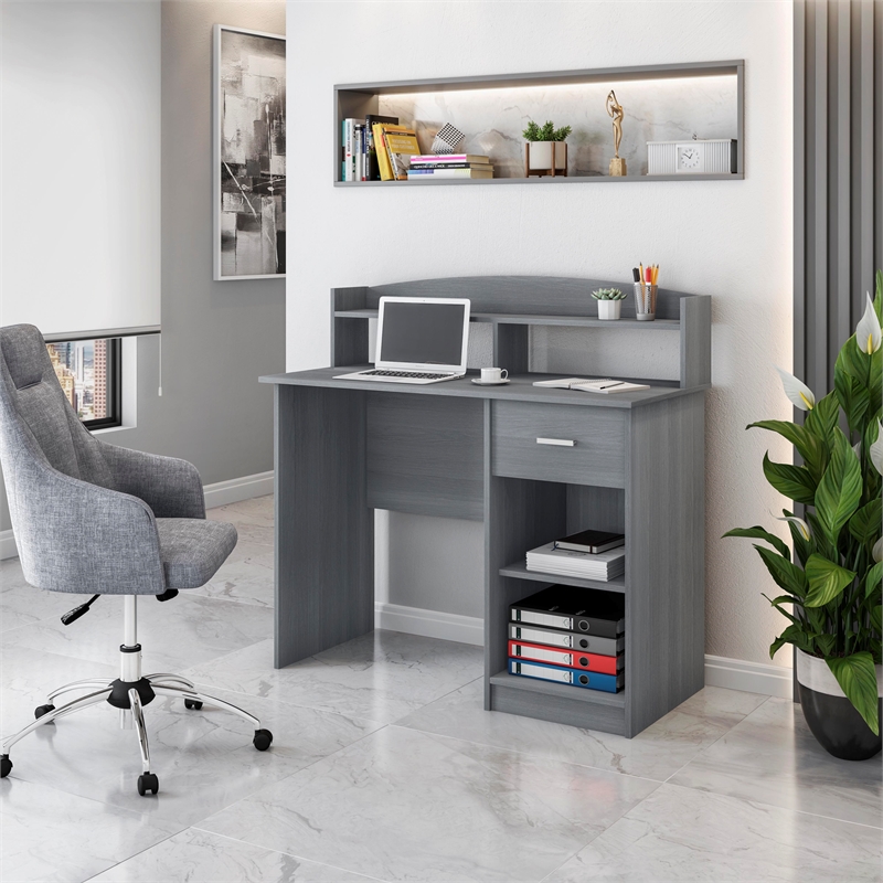 Techni Mobili Modern Engineered Wood Computer Desk with Storage Hutch in Gray