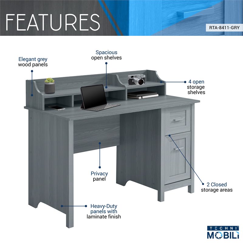 Techni Mobili Classic Engineered Wood Office Computer Desk with Hutch in Gray