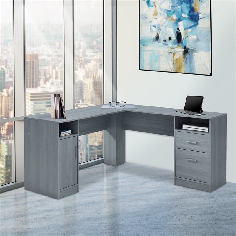 Techni Mobili Engineered Wood L-Shaped Computer Desk with Storage in Gray