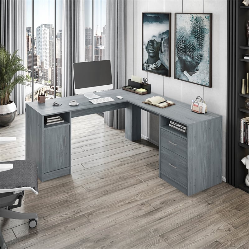 Techni Mobili Engineered Wood L-Shaped Computer Desk with Storage in Gray