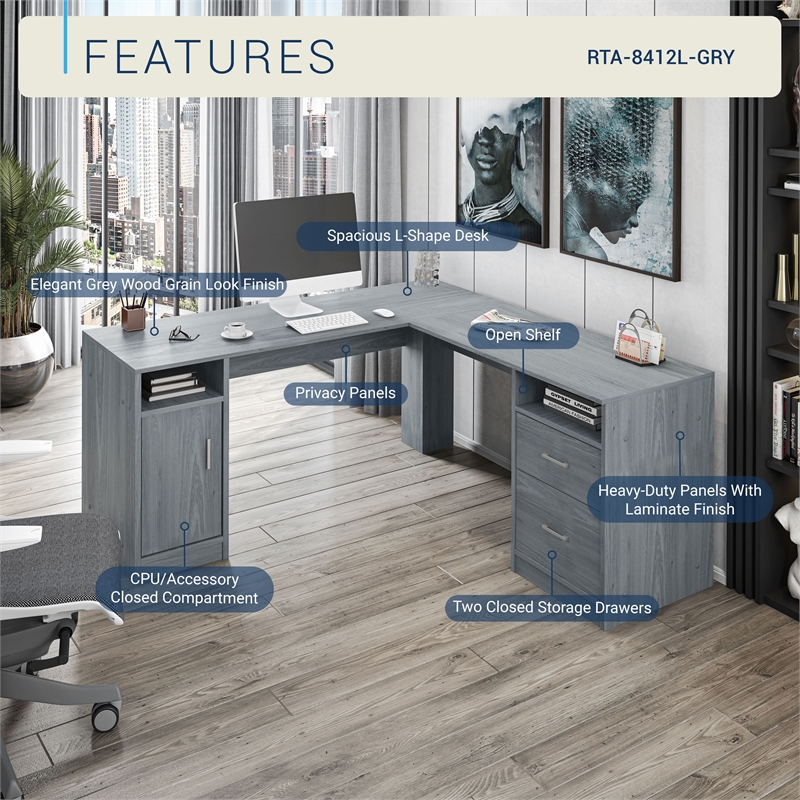 Techni Mobili Engineered Wood L-Shaped Computer Desk with Storage in Gray
