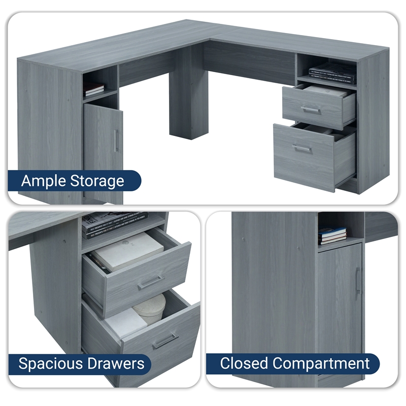 Techni Mobili Engineered Wood L-Shaped Computer Desk with Storage in Gray