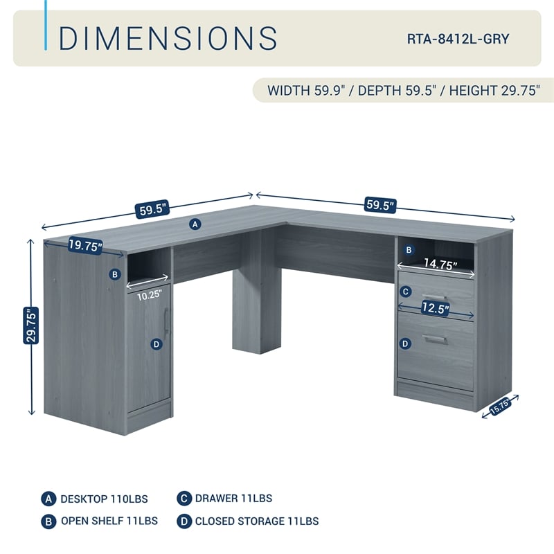 Techni Mobili Engineered Wood L-Shaped Computer Desk with Storage in Gray