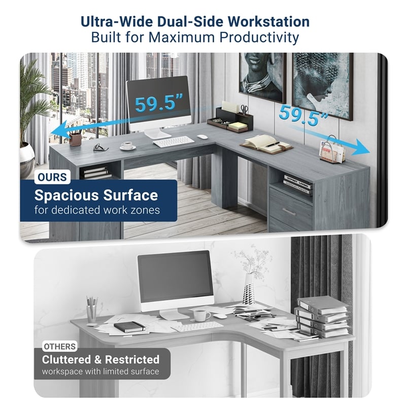 Techni Mobili Engineered Wood L-Shaped Computer Desk with Storage in Gray