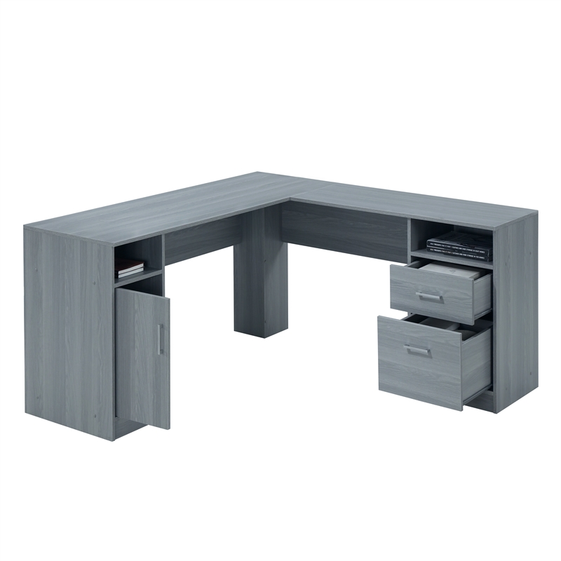Techni Mobili Engineered Wood L-Shaped Computer Desk with Storage in Gray